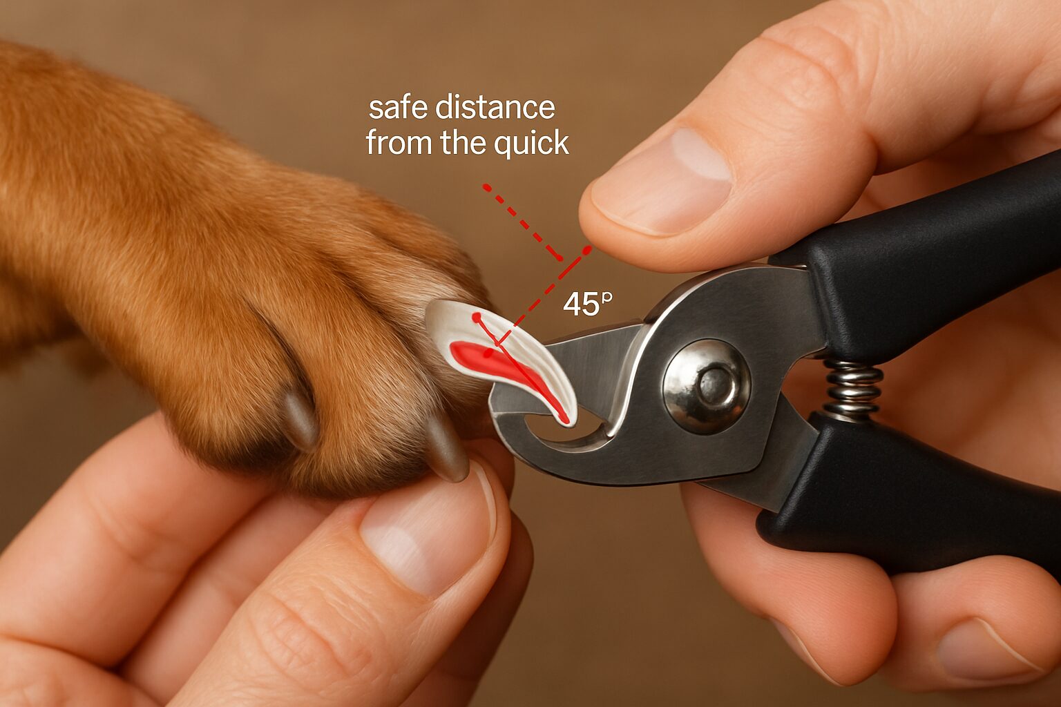 Unha de Cachorro Inflamada: O Guia Completo do Especialista para Identificar, Tratar e Prevenir Onicopatias 2 Imagem de um tutor cortando a unha de um cachorro com a técnica correta, mostrando o ângulo de 45 graus e a distância segura do sabugo. A cena é calma e focada no cuidado.