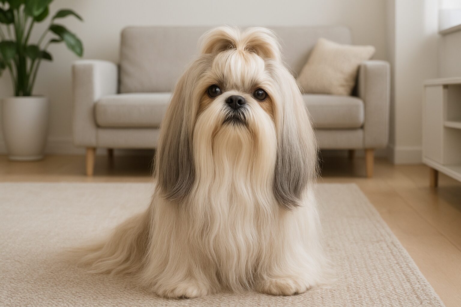 Shih Tzu: O Guia Completo do Especialista em Adestramento para o Seu Leãozinho de Apartamento 1 Shih Tzu com a pelagem bem cuidada, sentado de forma calma e elegante em um ambiente doméstico, olhando diretamente para a câmera. A imagem transmite a personalidade alegre e a beleza da raça.