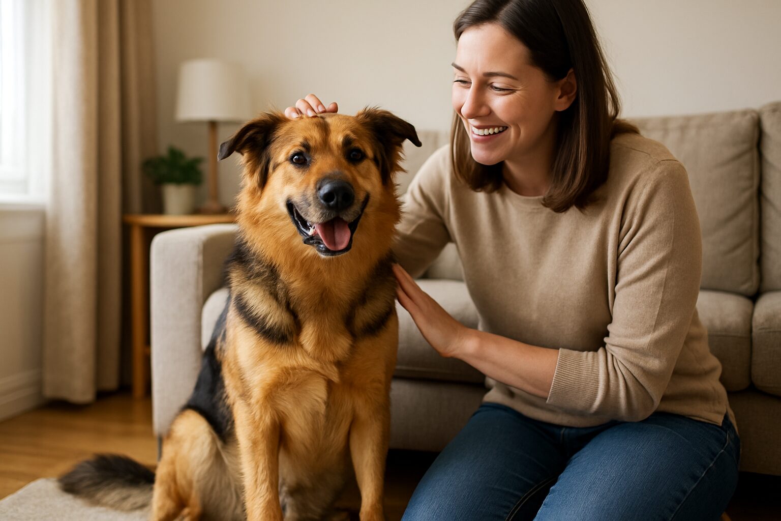 Cão calmo recebendo carinho