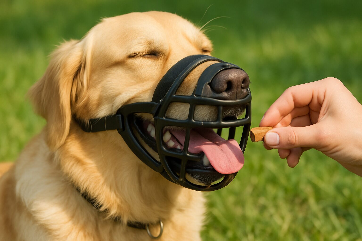 Focinheira Sem Trauma: O Guia Definitivo para Adaptar Seu Cão com Reforço Positivo 1 Cão da raça Labrador com uma focinheira de cesta (basket muzzle) de silicone, sorrindo e relaxado, com um petisco sendo oferecido pelo tutor. A imagem transmite segurança e bem-estar.