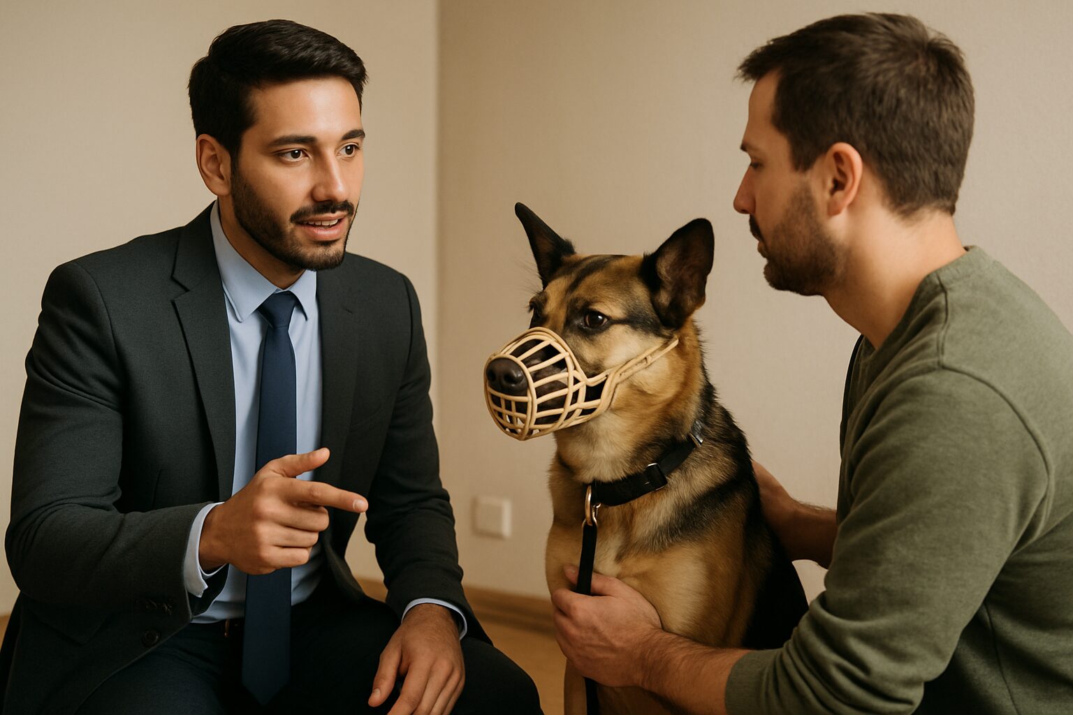 Focinheira Sem Trauma: O Guia Definitivo para Adaptar Seu Cão com Reforço Positivo 2 Adestrador e tutor em uma sessão de consultoria, com o cão usando a focinheira de forma tranquila, demonstrando a importância da educação do tutor no processo de adaptação.