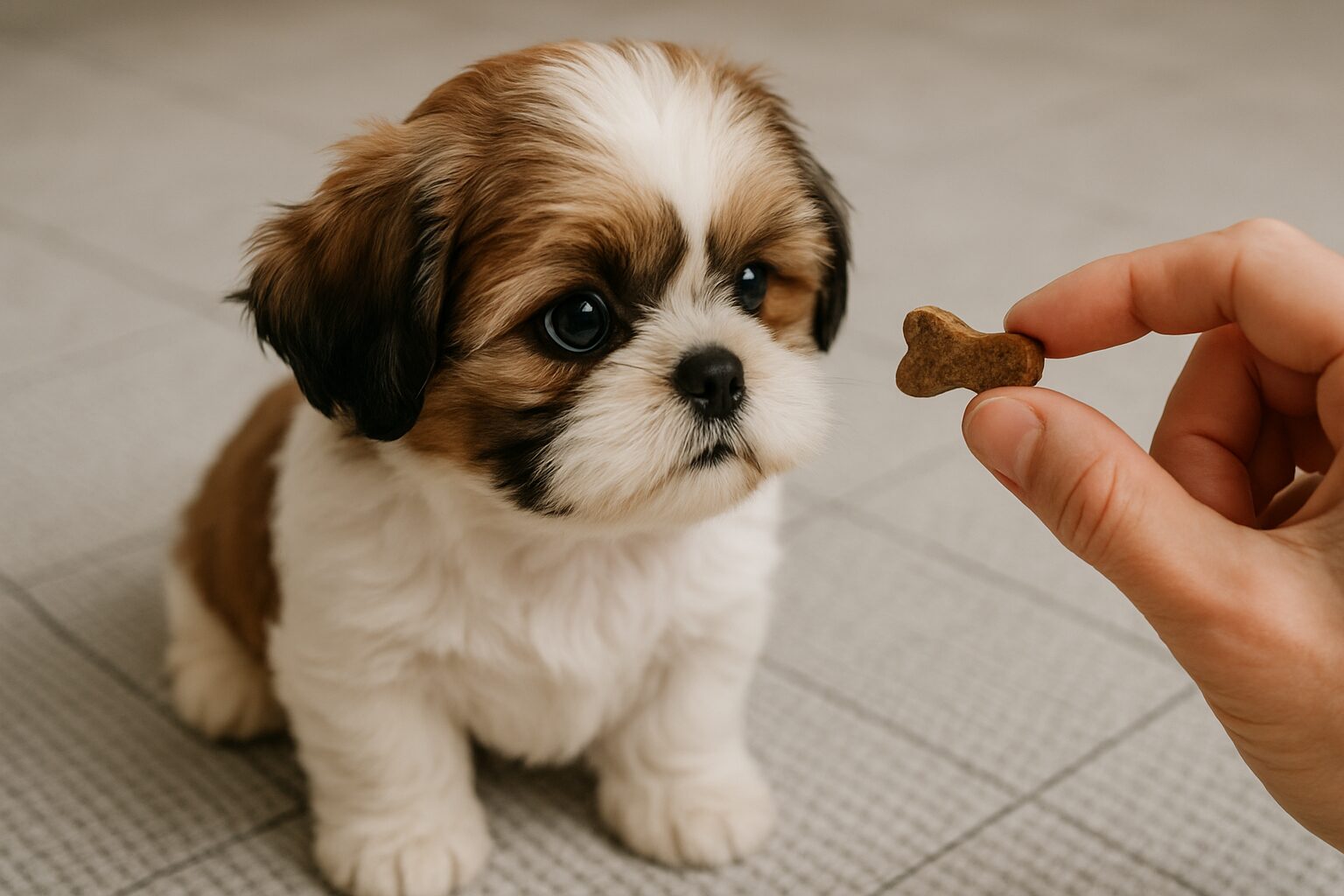 Shih Tzu em um momento de treinamento, olhando atentamente para o tutor que está dando um comando. A imagem foca na conexão e no adestramento positivo.